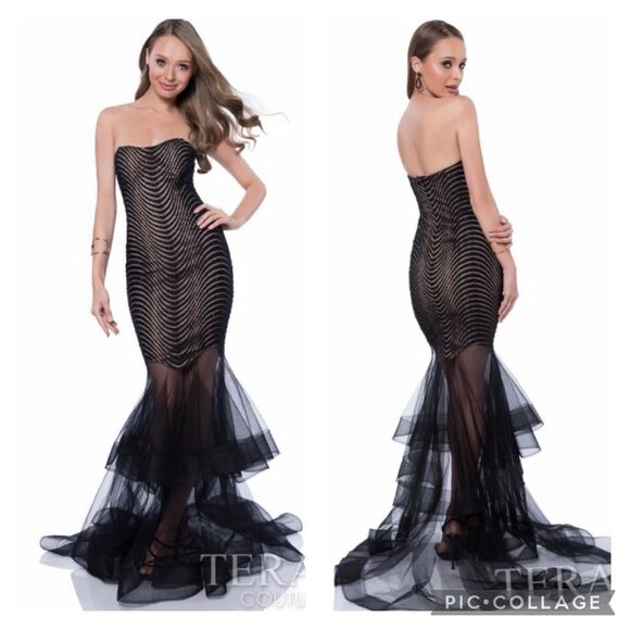 Terani Couture Sequined Lace Overlay Sheer Tulle Skirt Mermaid Gown Prom Dress 4 - Picture 1 of 16